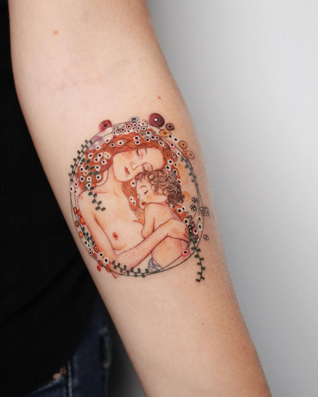 Artful embrace of mother and child in ink