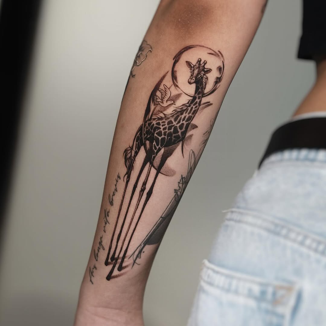 Stylish giraffe tattoo with moon background