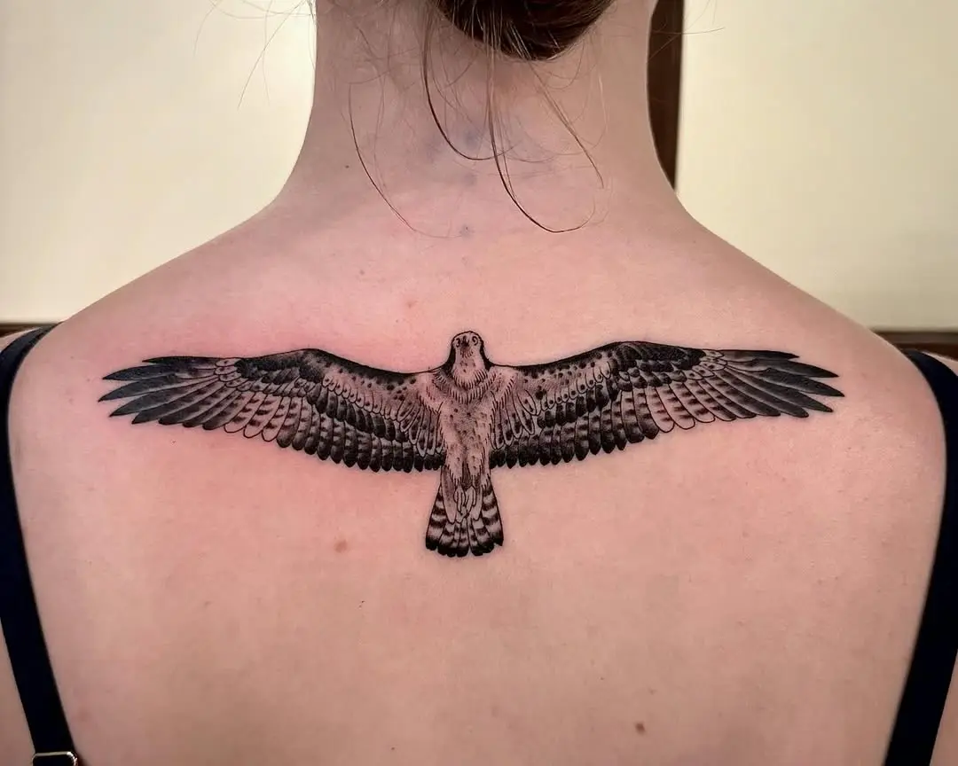 Symbolic hawk tattoo with detailed wingspan