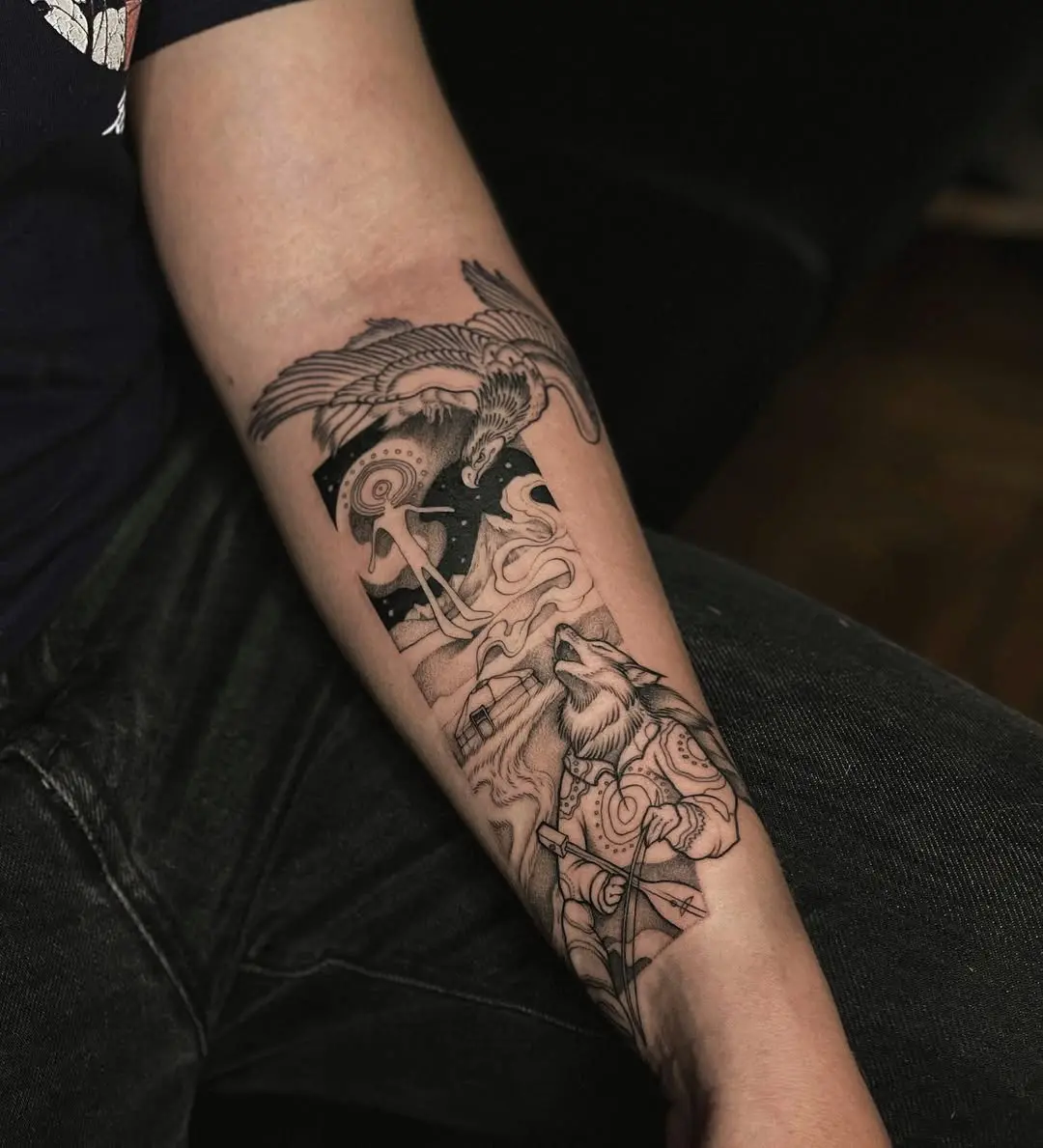 Striking Hawk Tattoo with Mystical Elements