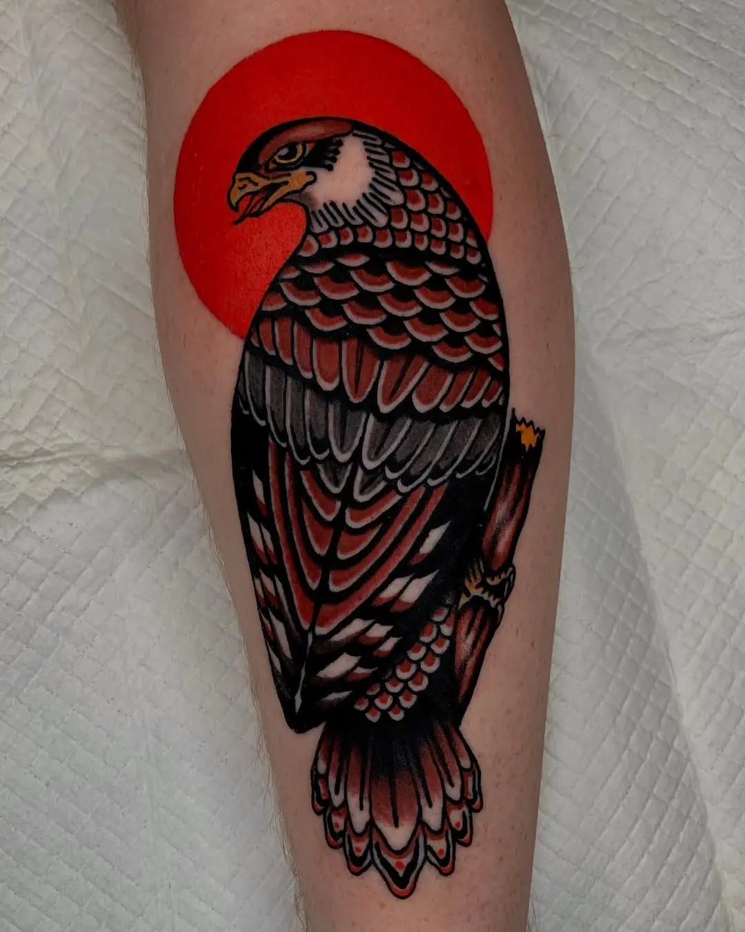 Bold hawk tattoo with striking red background