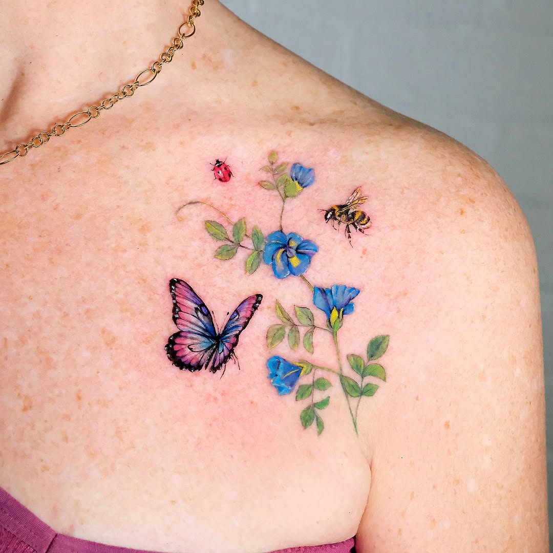 Nature-inspired ladybug and butterfly tattoo art