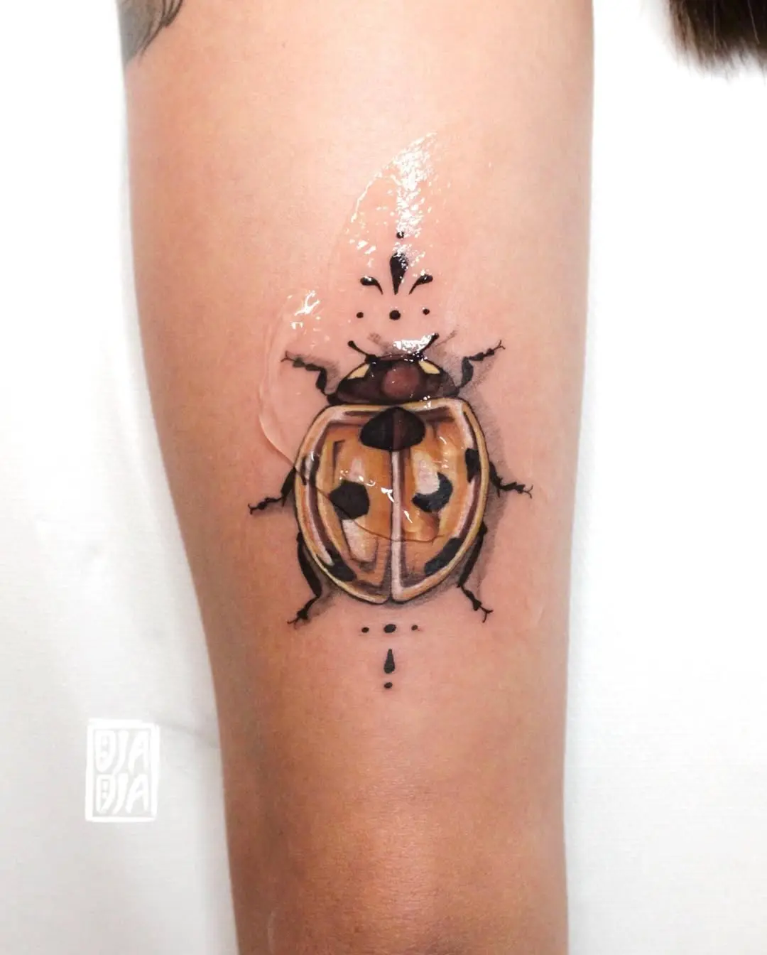 Vibrant ladybug tattoo showcasing intricate details