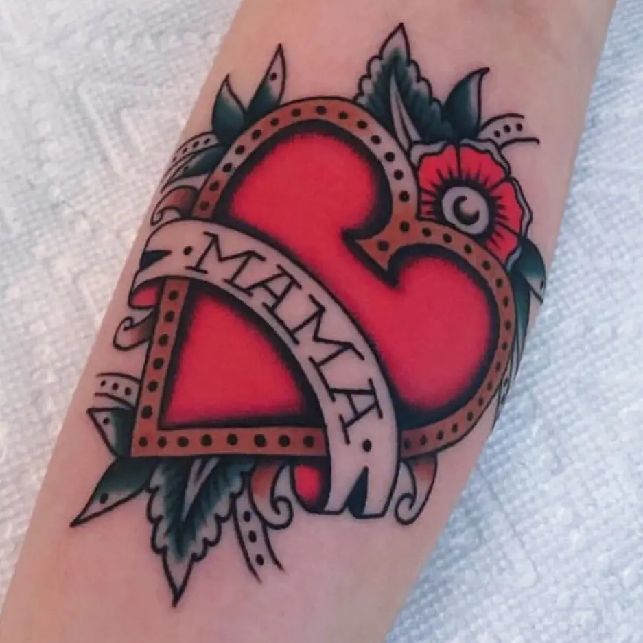 Bold Mama Heart Tattoo with Floral Accents