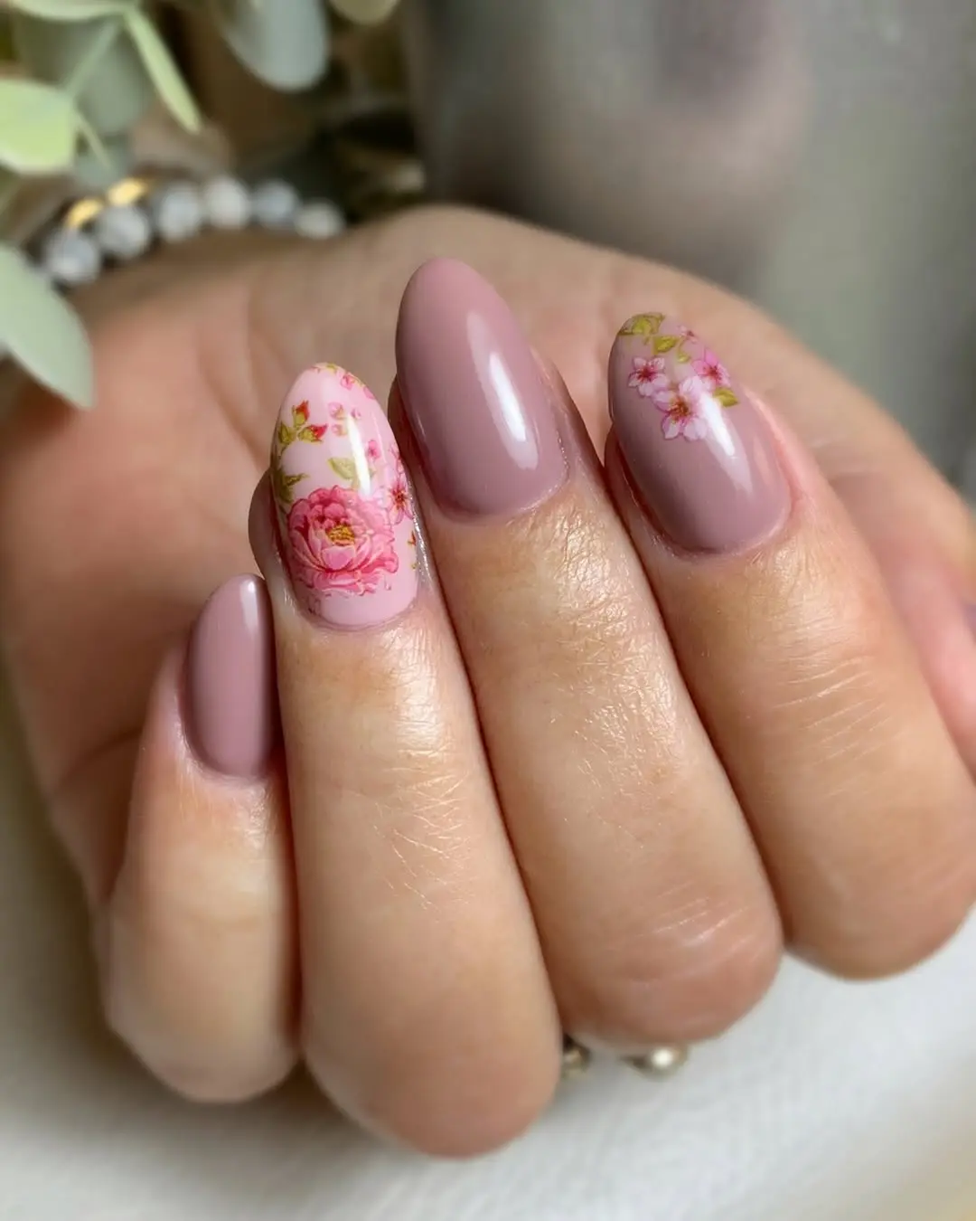 Elegant Mauve Nails with Floral Accents