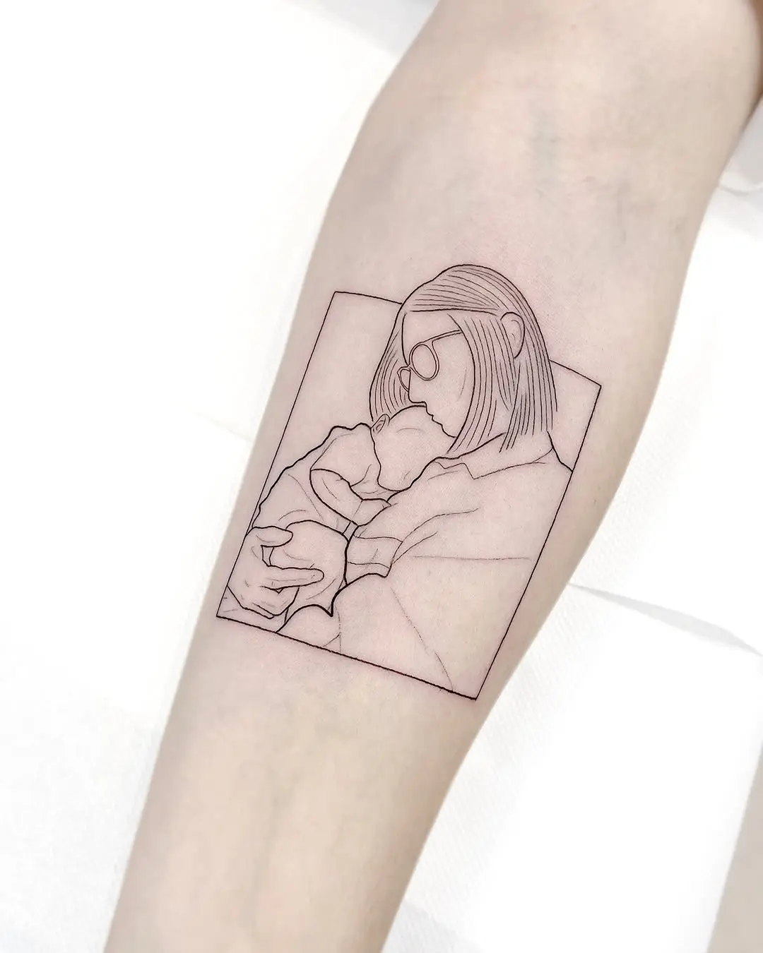 Minimalist mom and child line art tattoo