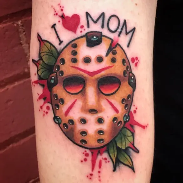 Unique Mom Tattoo with a Jason Mask
