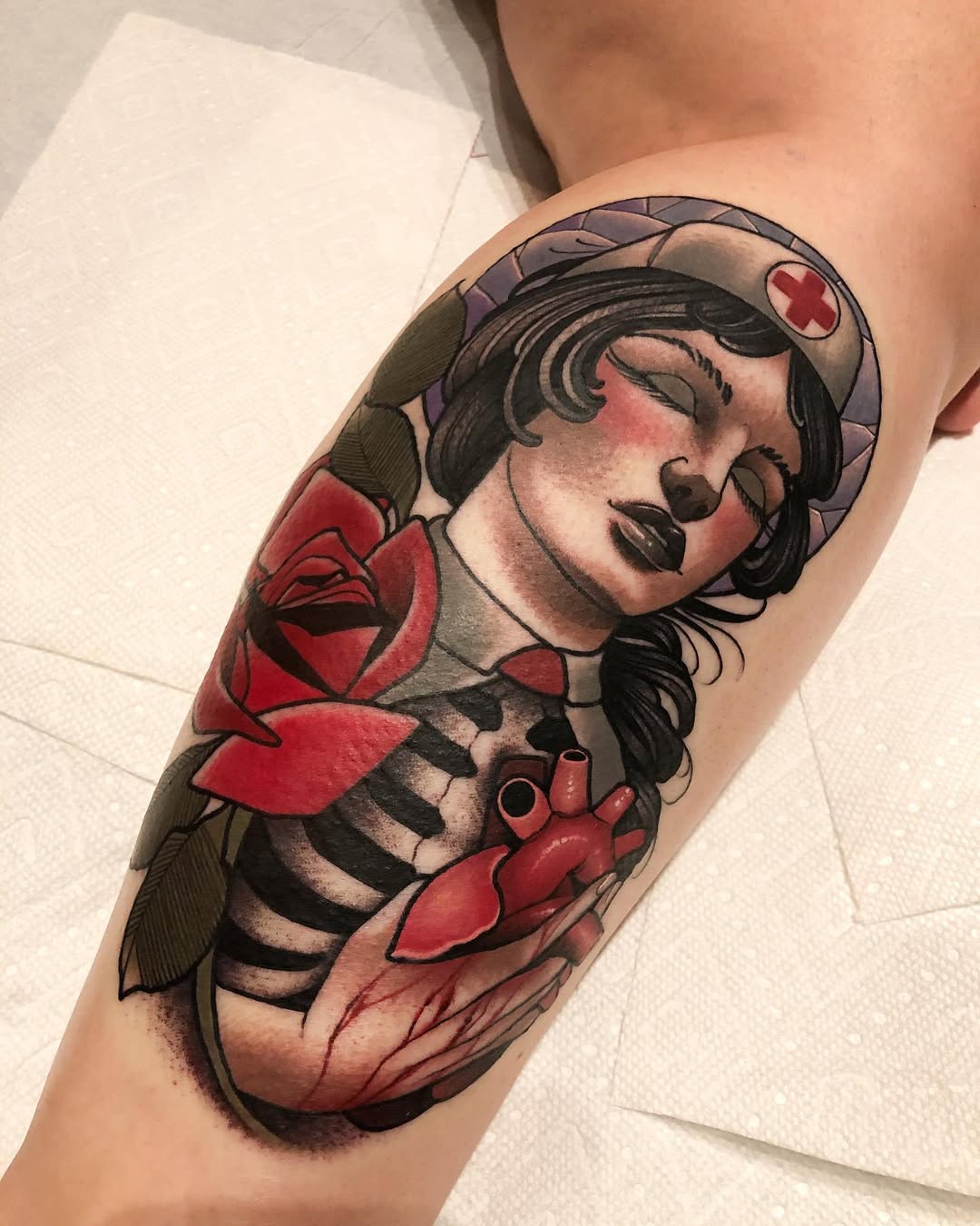 Vintage Nurse Tattoo with Heart and Roses