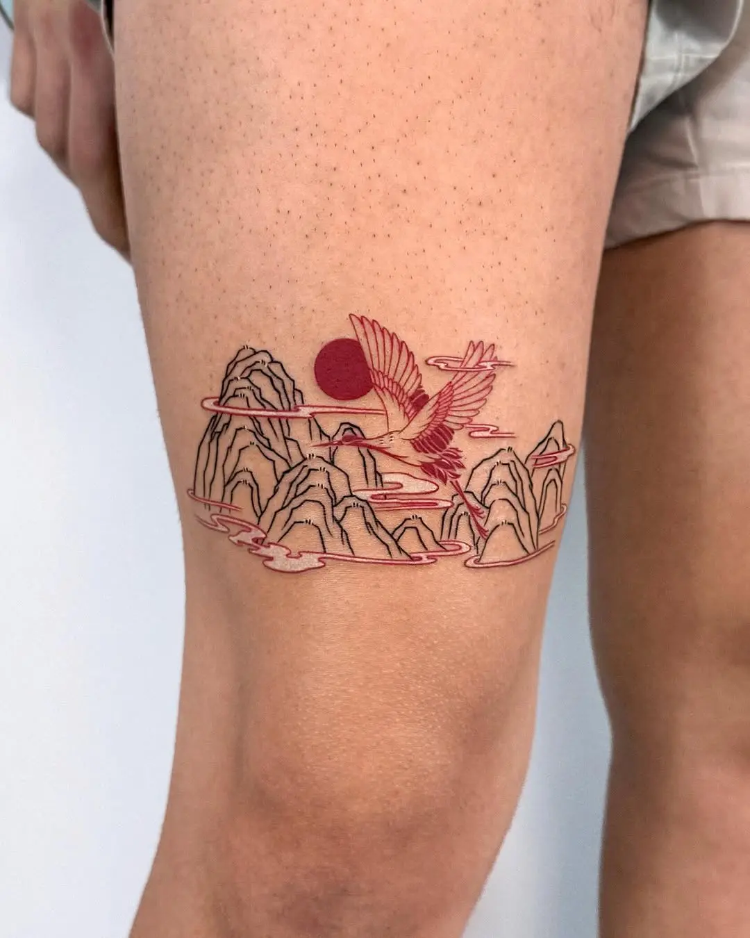 Stunning Oriental Landscape with Soaring Bird Tattoo