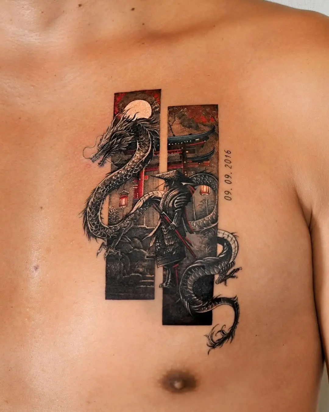 Intricate oriental dragon and samurai tattoo design