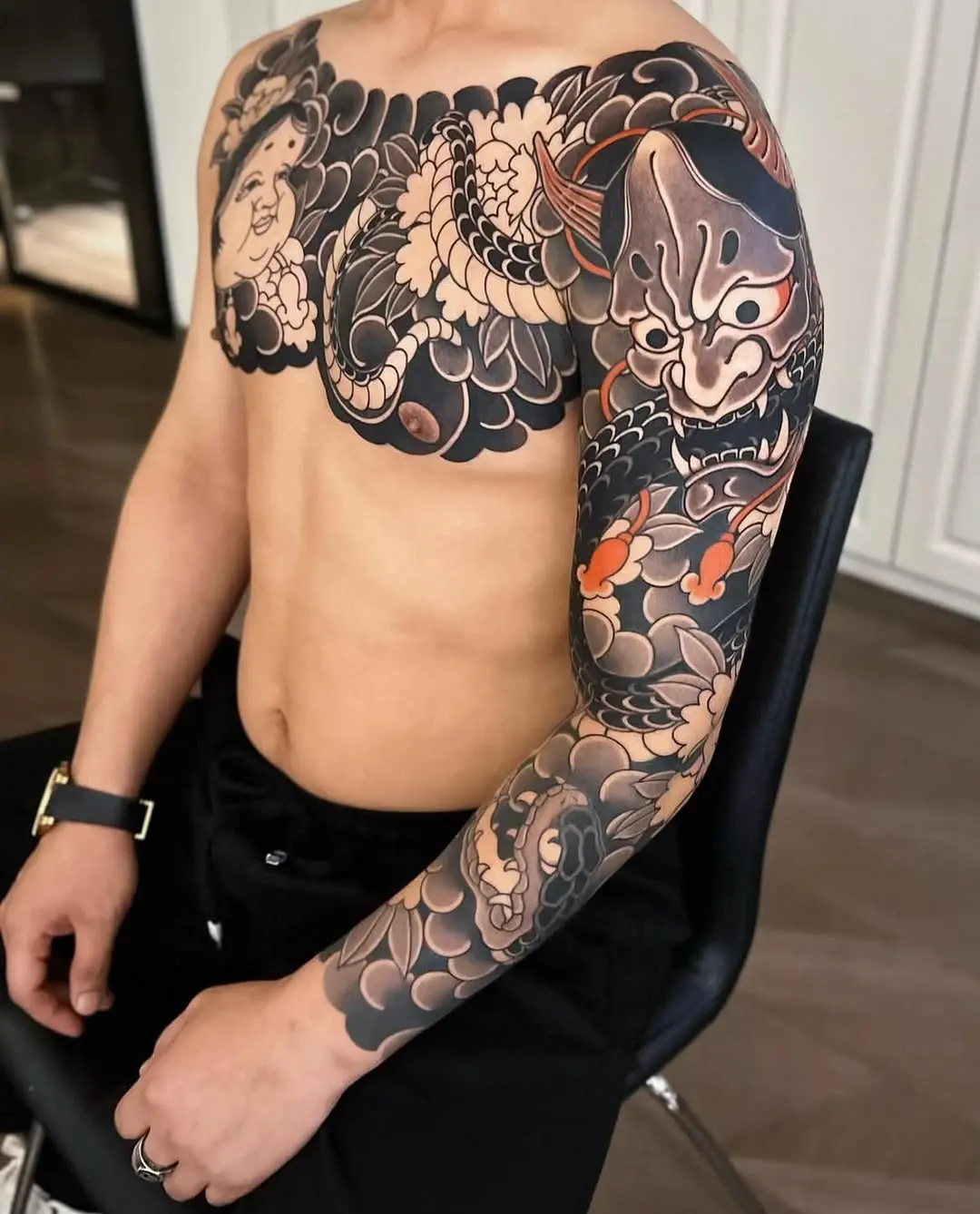 Intricate dragon ink with vibrant waves and vibes