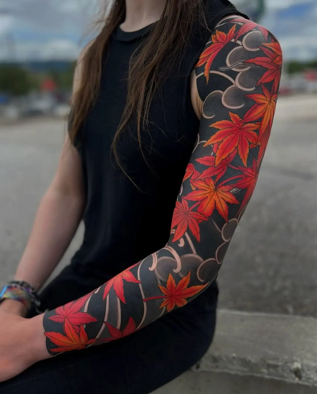 Vibrant Autumn Leaves Full Sleeve Tattoo