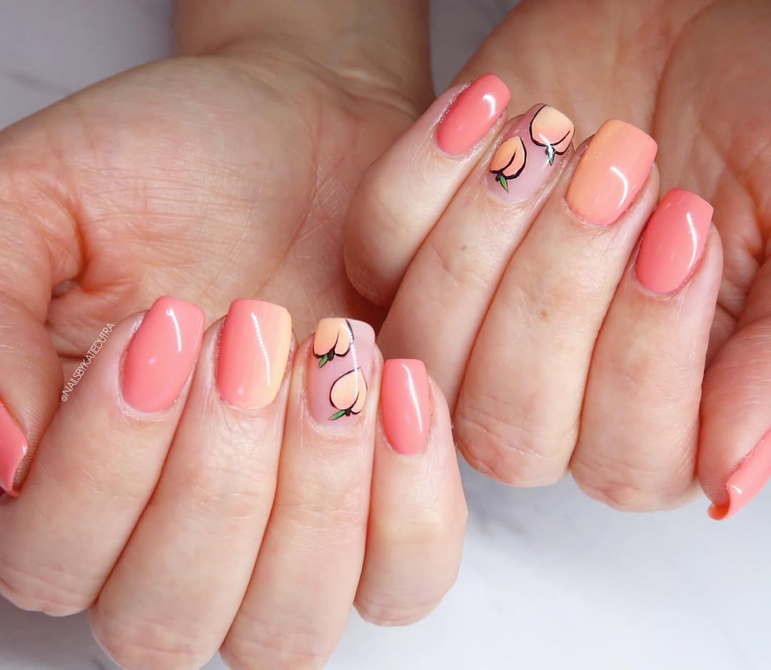 Charming peach-themed nail art design showcased