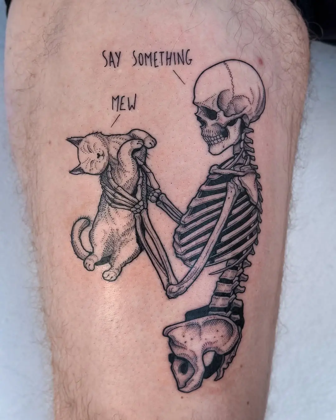 Whimsical skeleton and cat tattoo design
