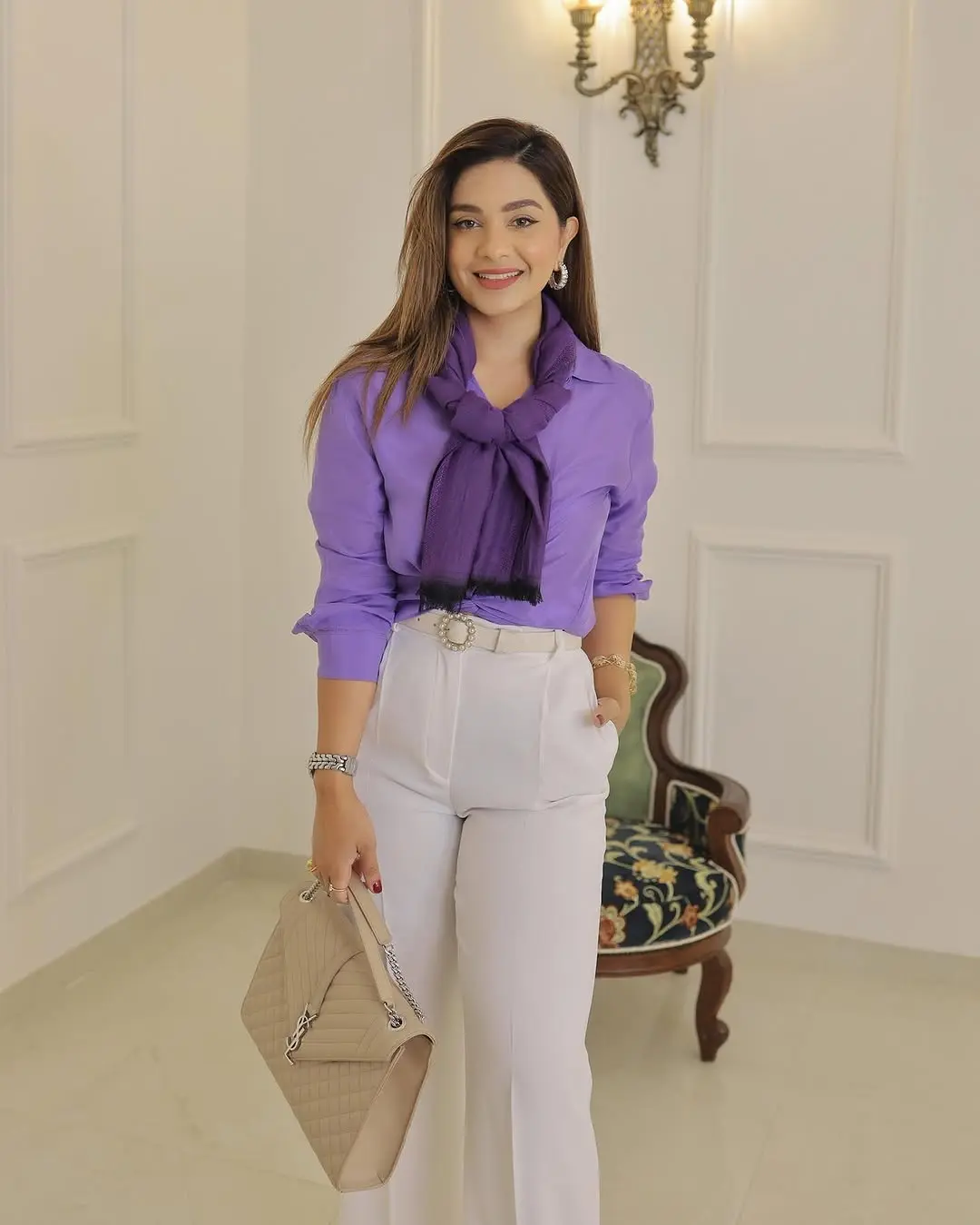Chic White Pants with Bold Purple Accent