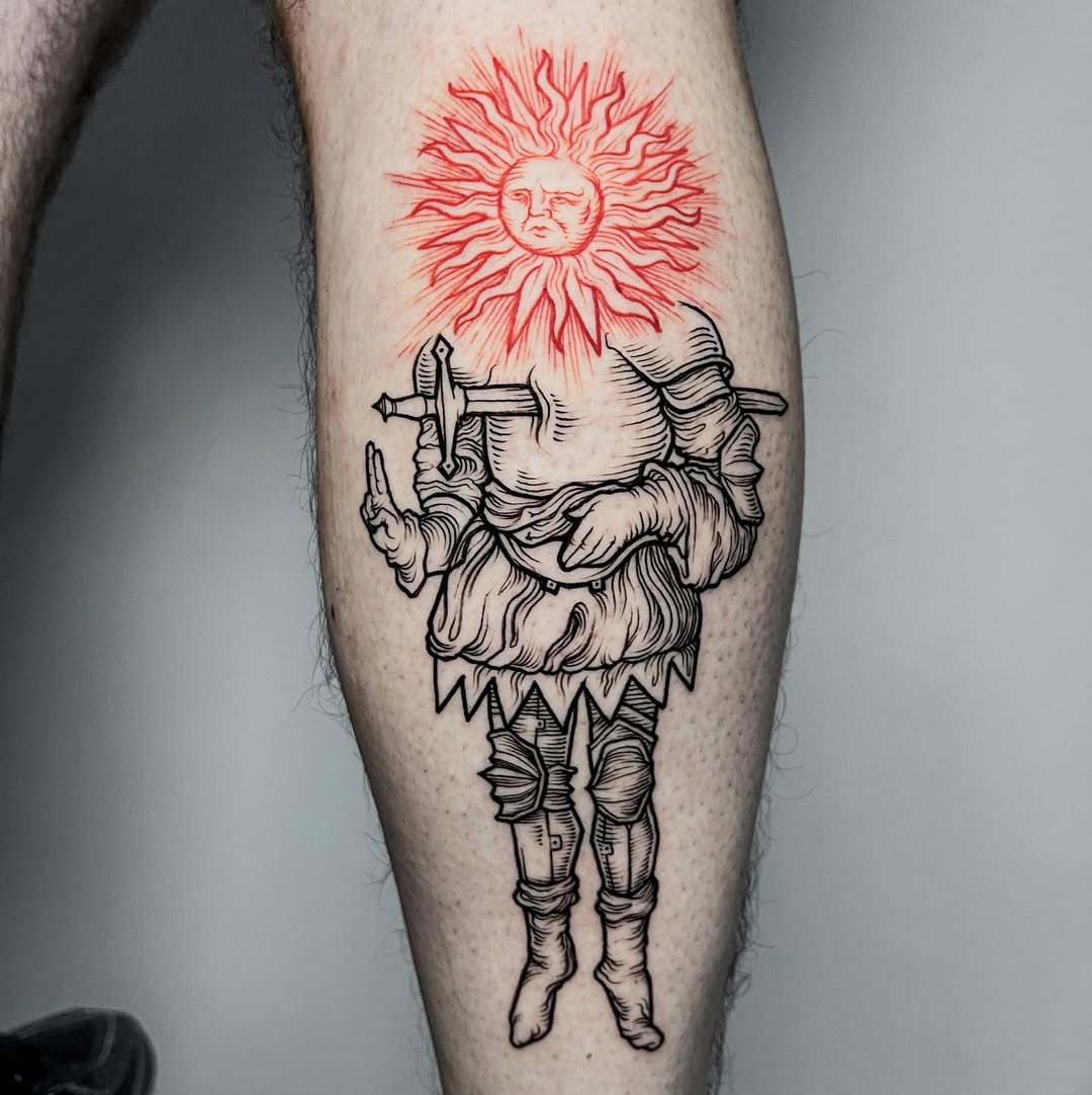 Epic tattoo of a sun-themed warrior character