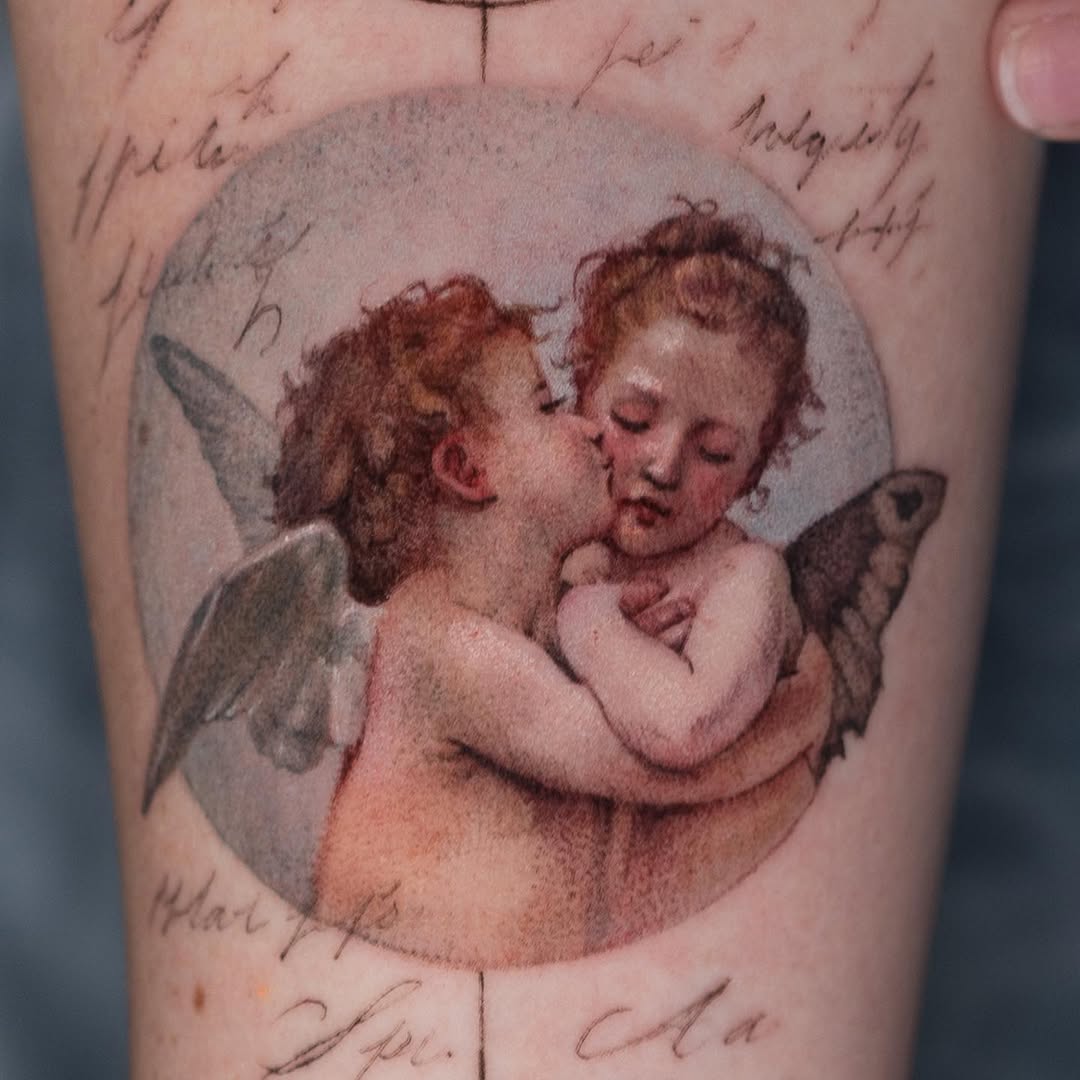 Delicate depiction of cherubic love.