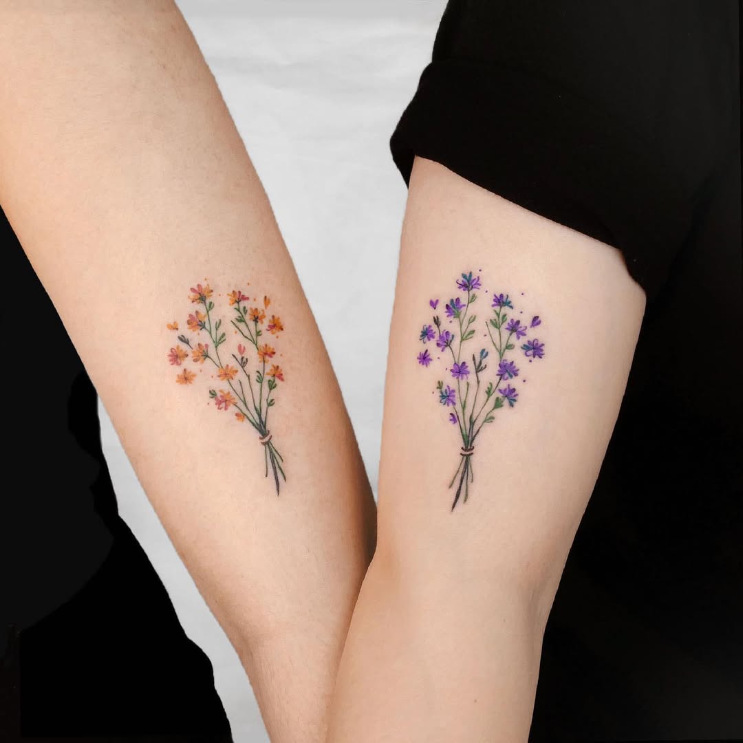 Colorful floral tattoos for best friends