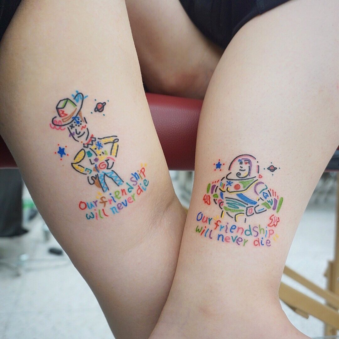 Playful cartoon tattoos celebrating friendship forever