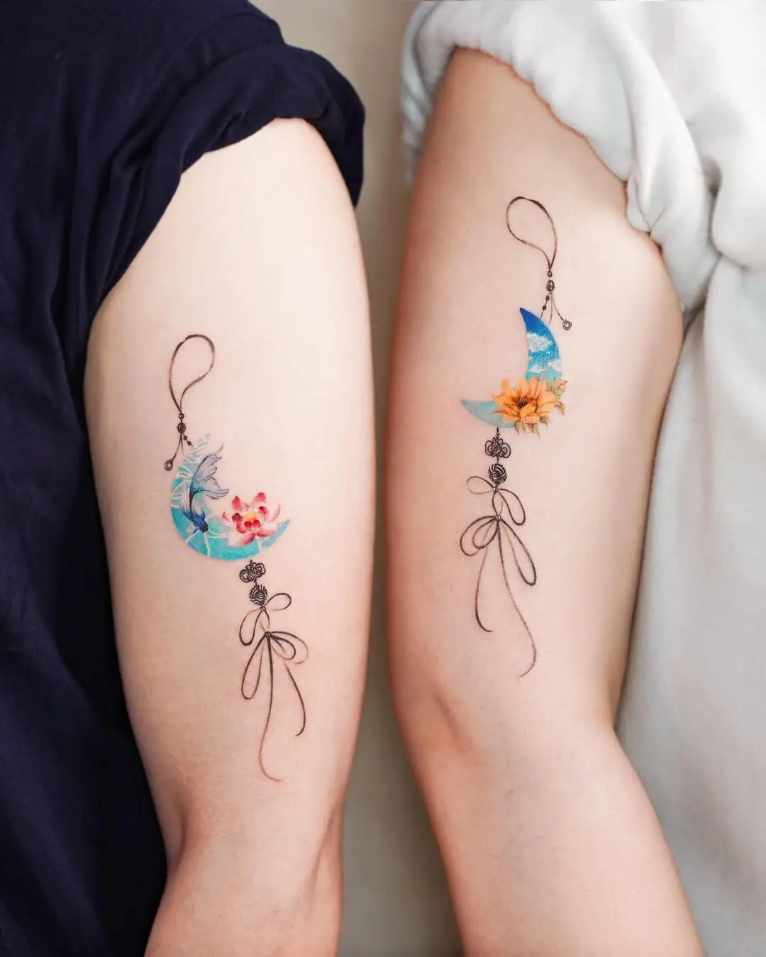Charming moon and floral friend tattoos