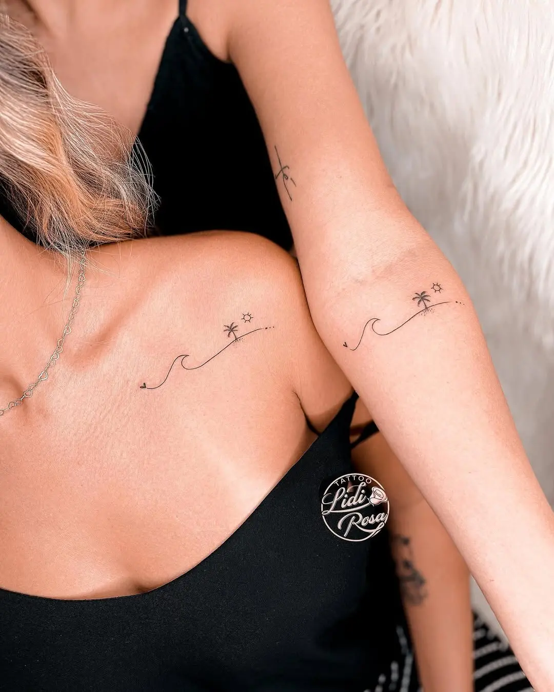 Stylish palm tree and wave tattoo design