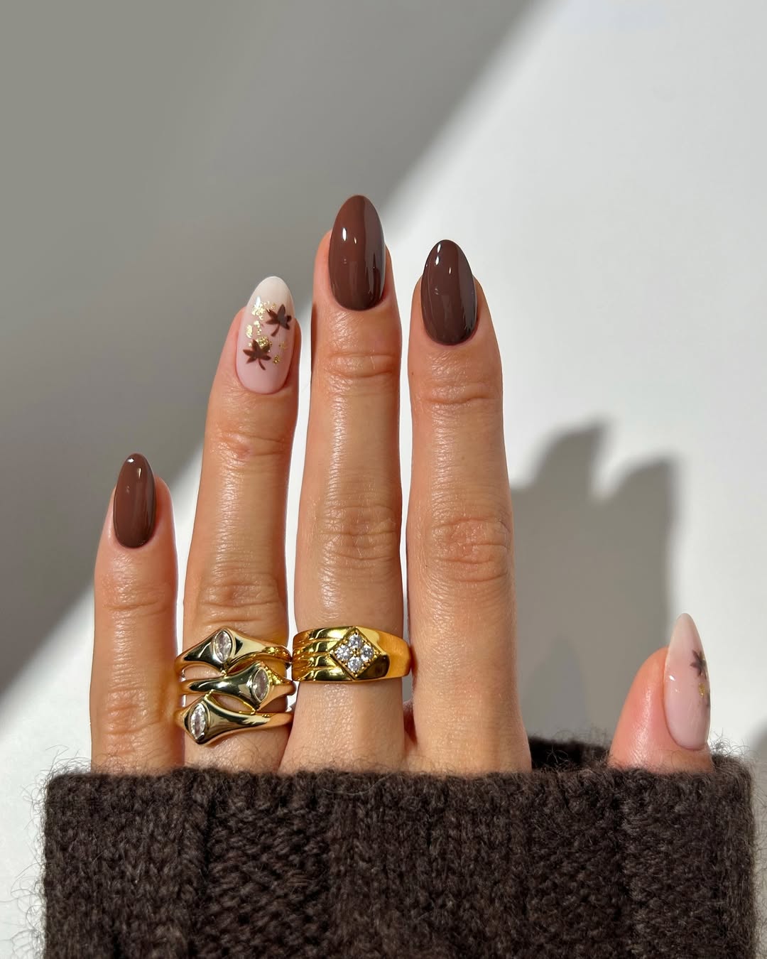 Elegant brown nails with chic floral accents