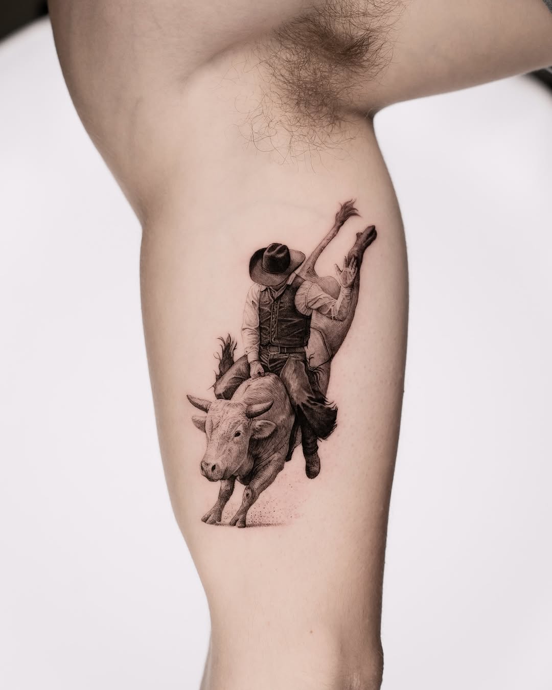 Dynamic cowboy on bull fine line tattoo