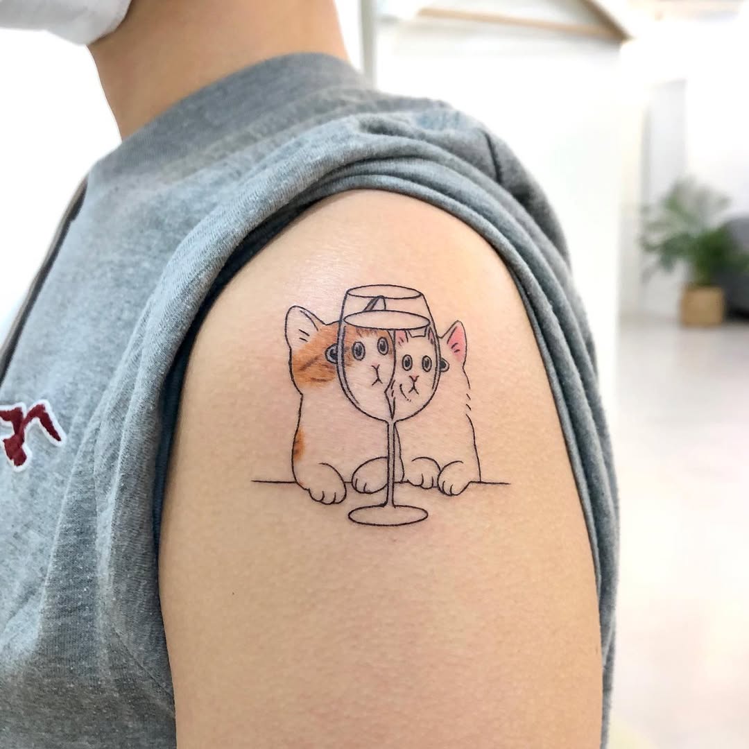 Whimsical Cat and Glass Tattoo Design