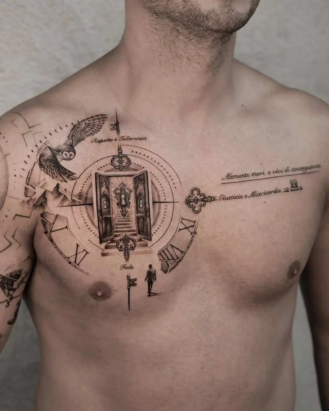 Intricate chest tattoo showcasing symbolism and art