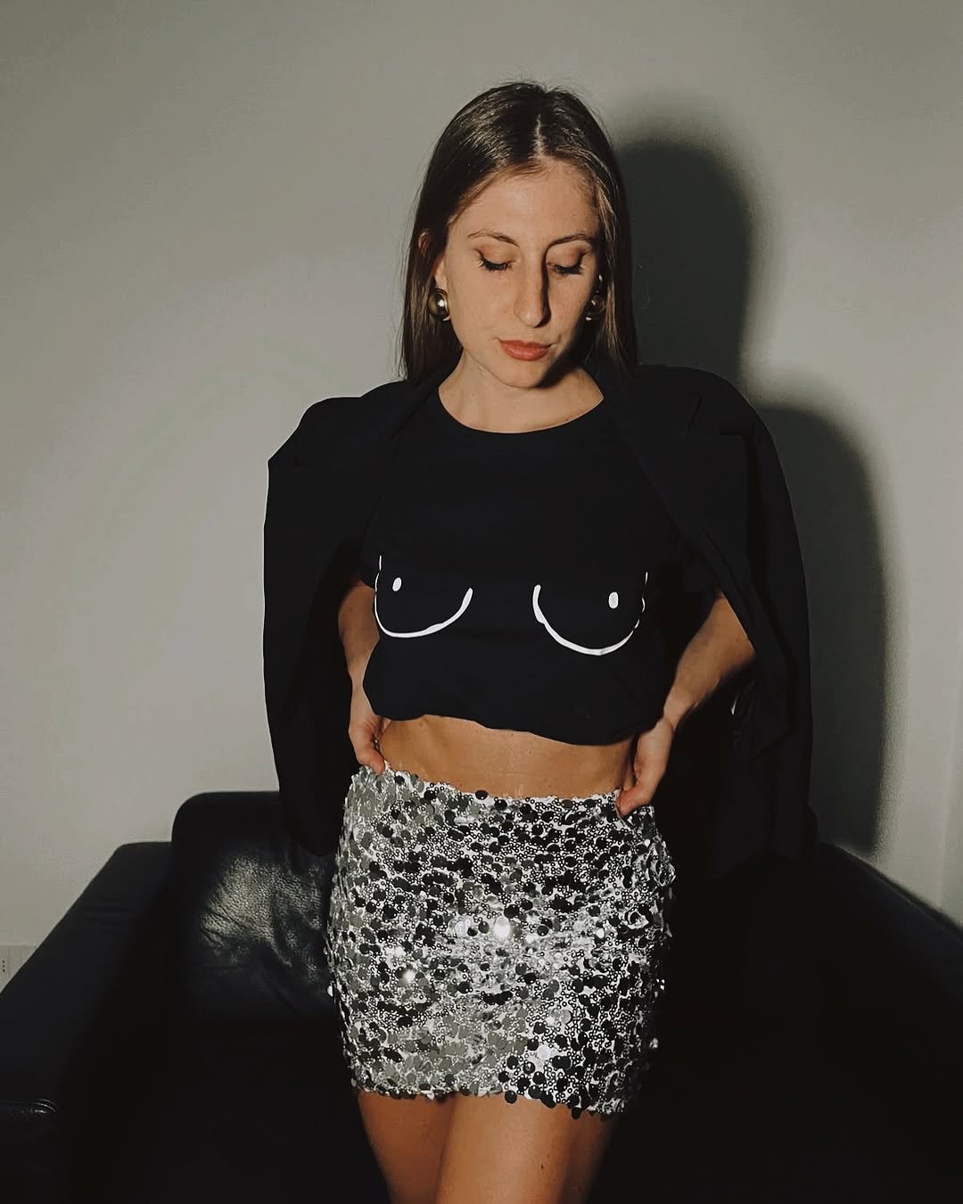 Modern take on disco chic with playful flair