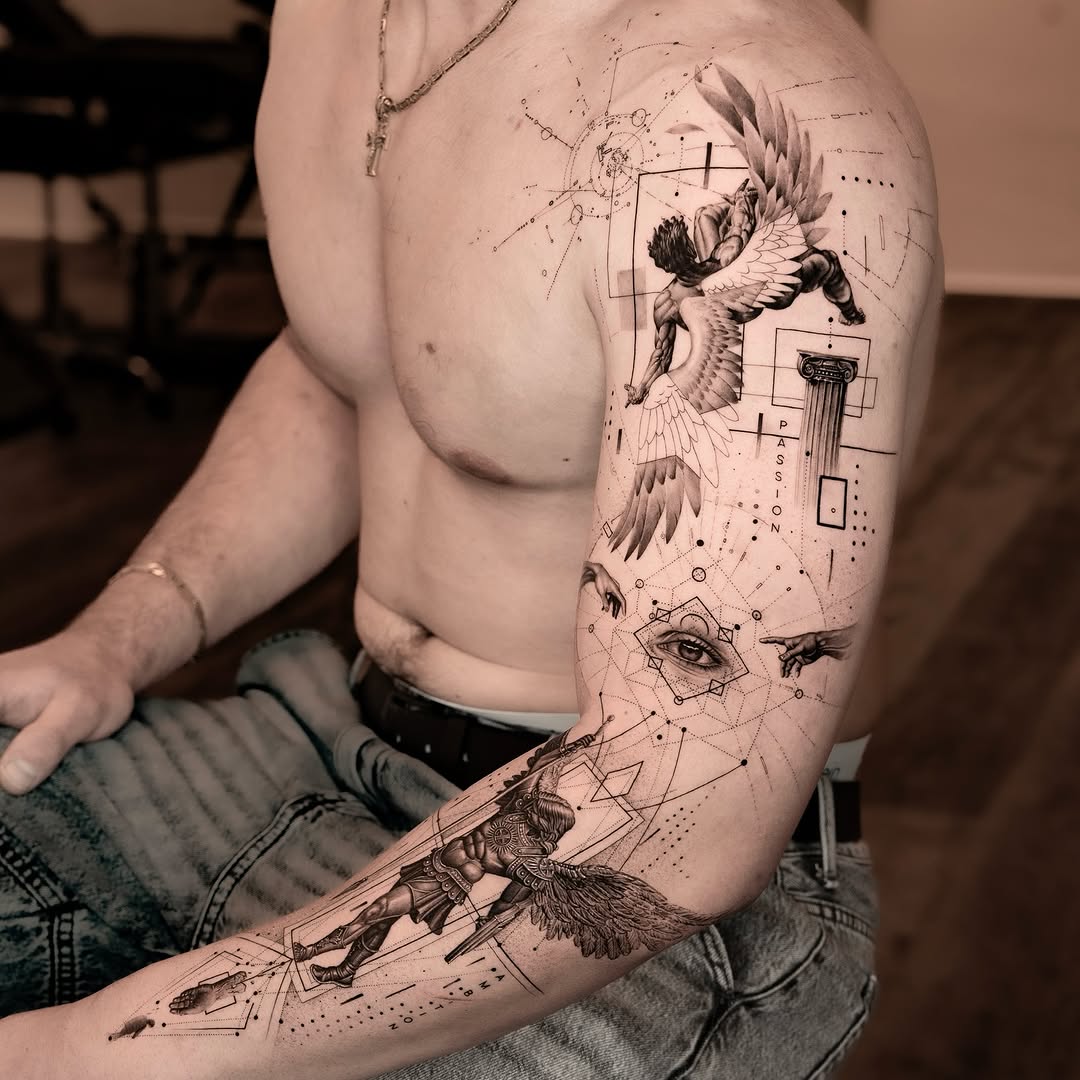 Intricate fine line tattoo sleeve design
