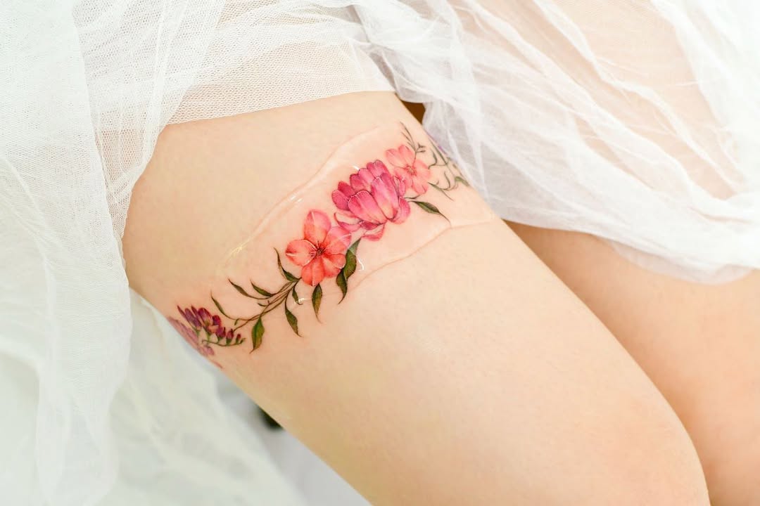Beautiful Floral Thigh Tattoo in Vibrant Colors