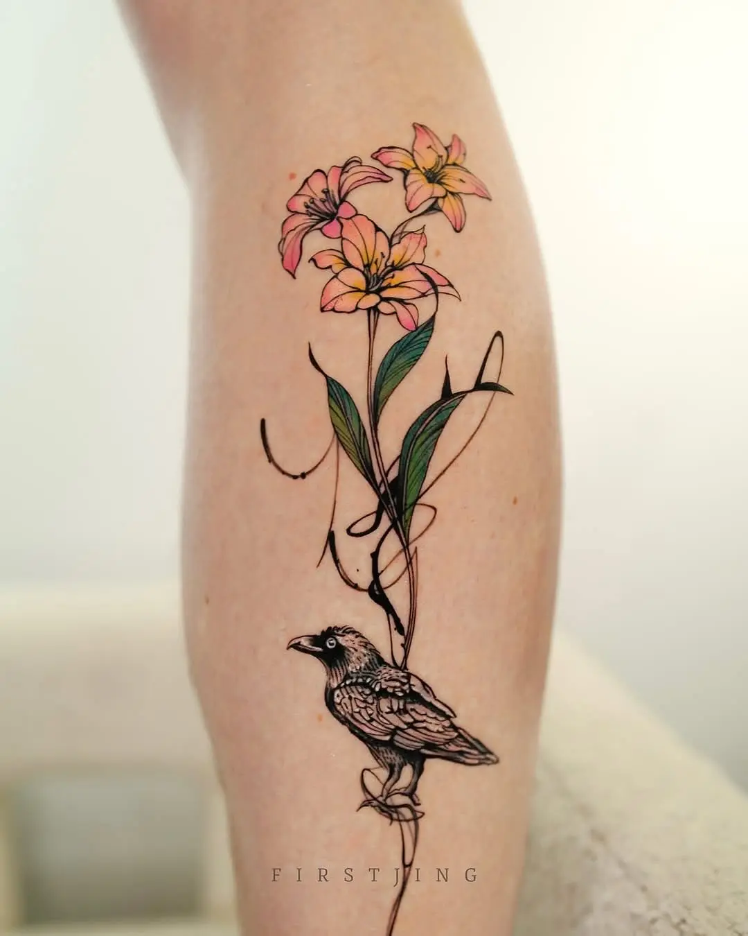 Vibrant flower and bird tattoo concept