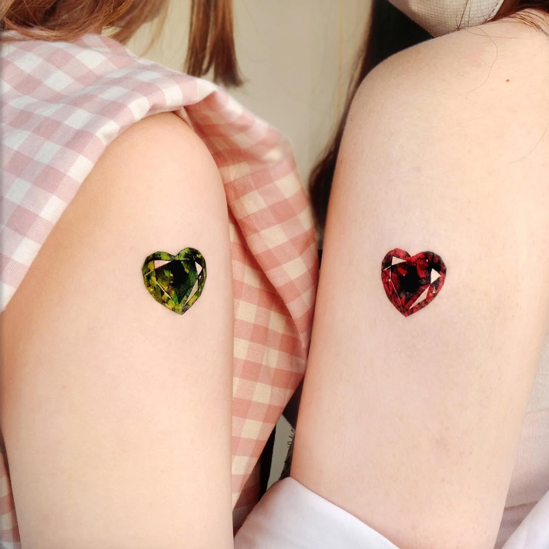 Colorful gem heart tattoos for best friends