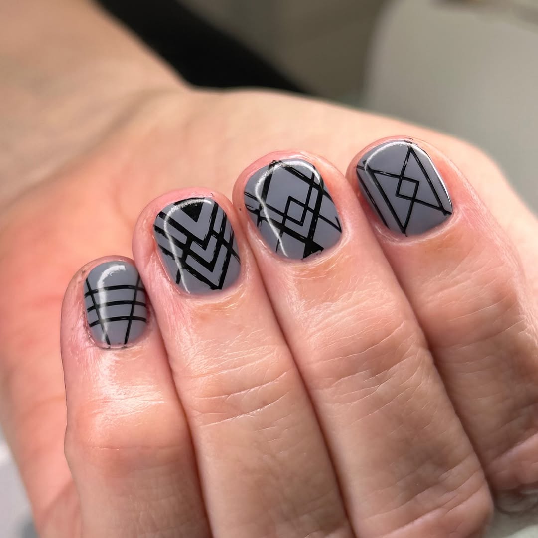 Chic Grey Nails with Geometric Patterns