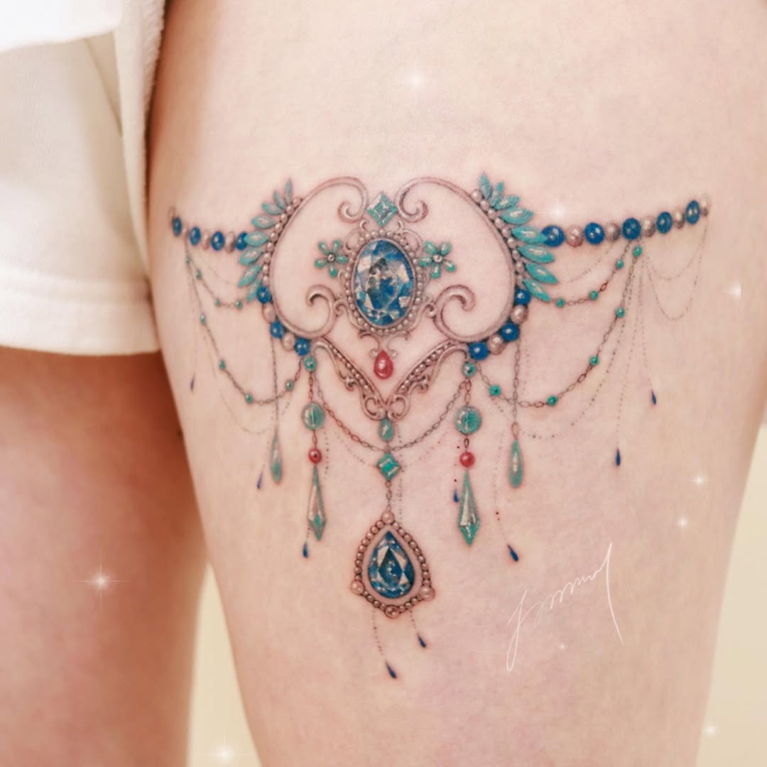 Exquisite jeweled thigh tattoo design