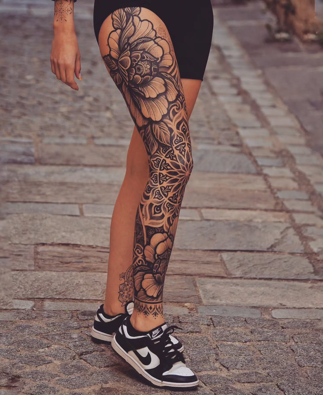 Stunning Blackwork Floral Leg Tattoo Design