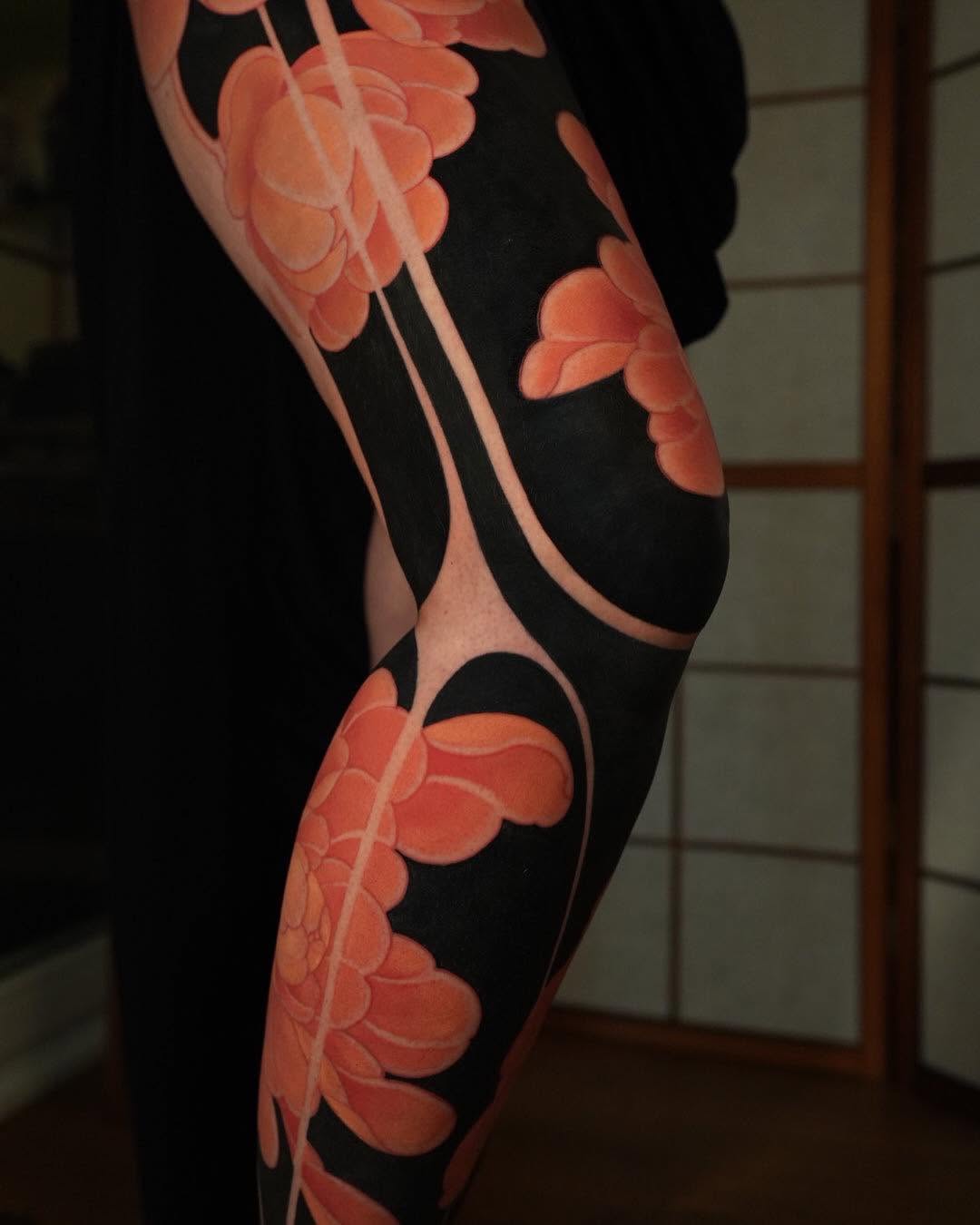 Stunning floral leg tattoo with bold colors