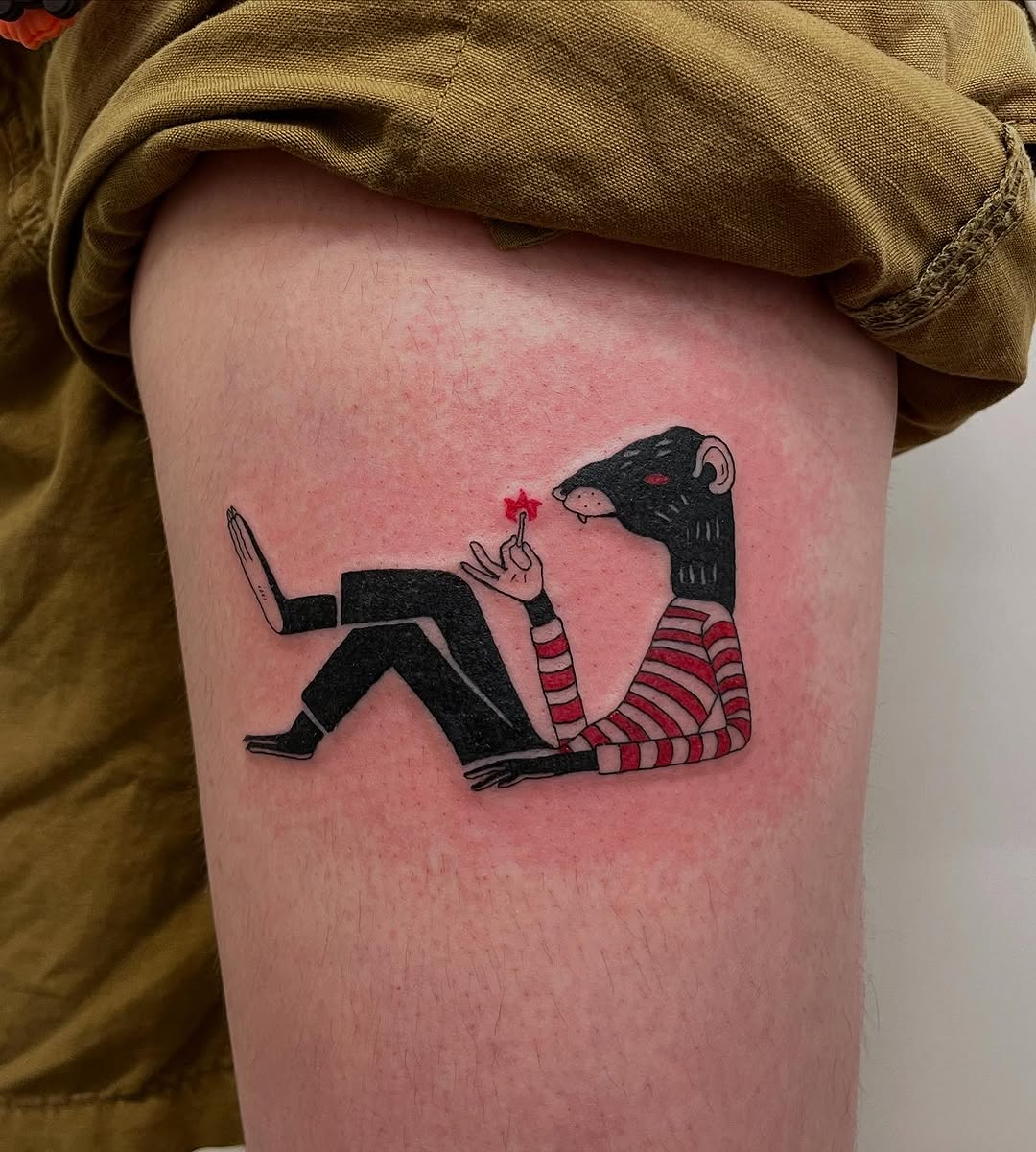 Unique rat character tattoo with striped shirt