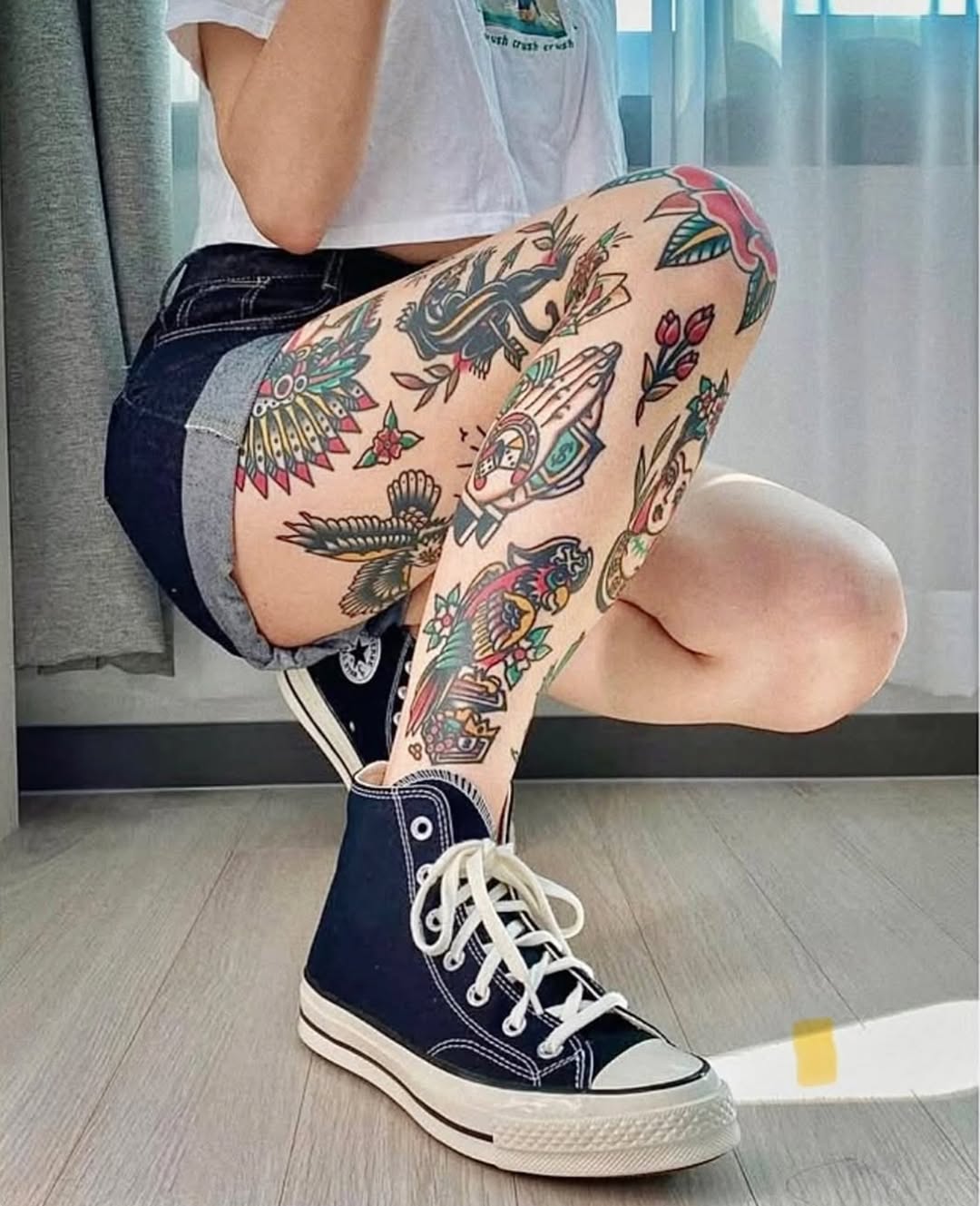 Vibrant leg tattoos showcasing unique artistry