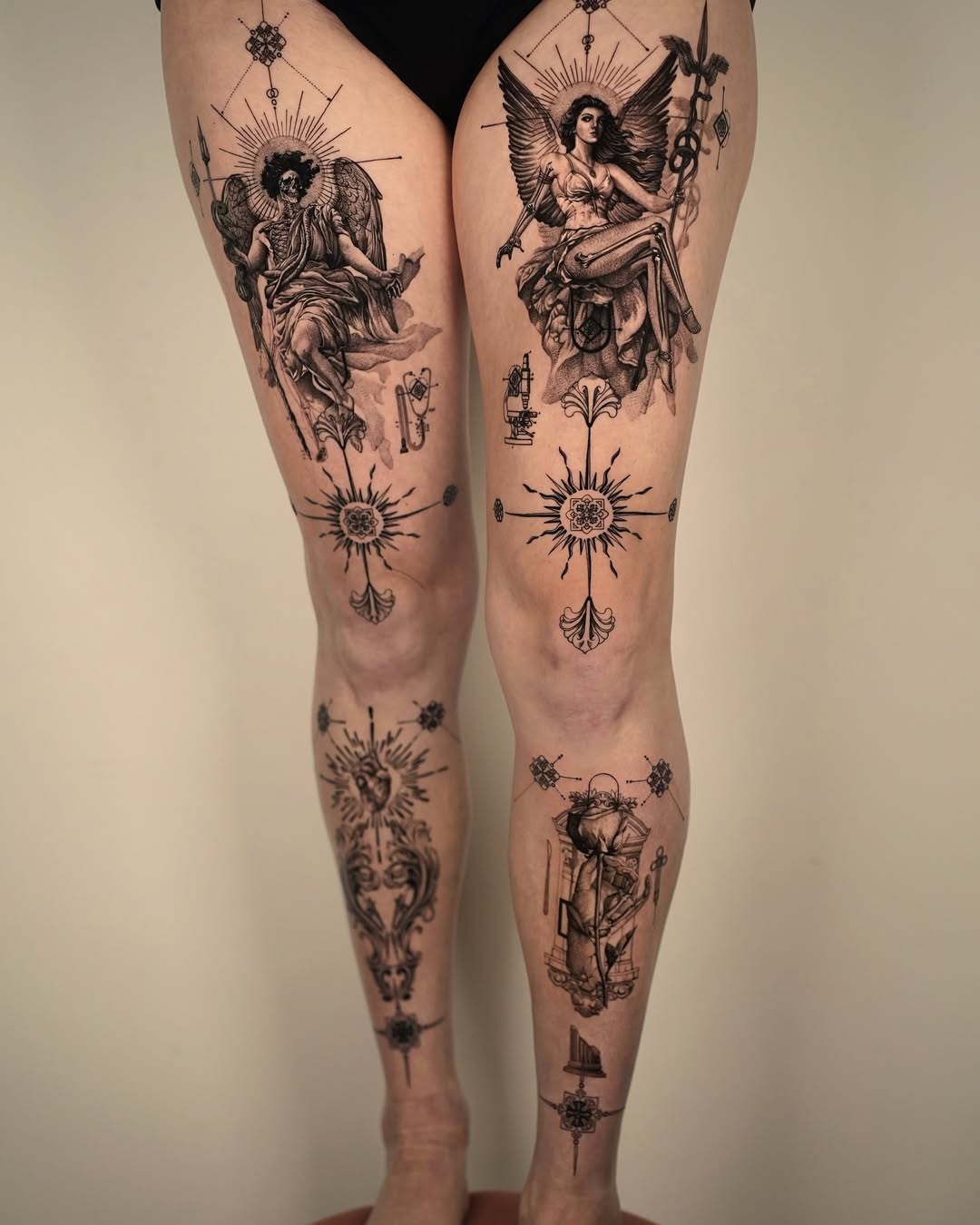 Intricate leg tattoos with mystical themes