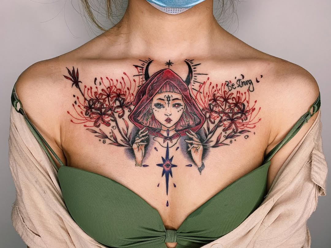 Enchanting witchy tattoo with floral elements
