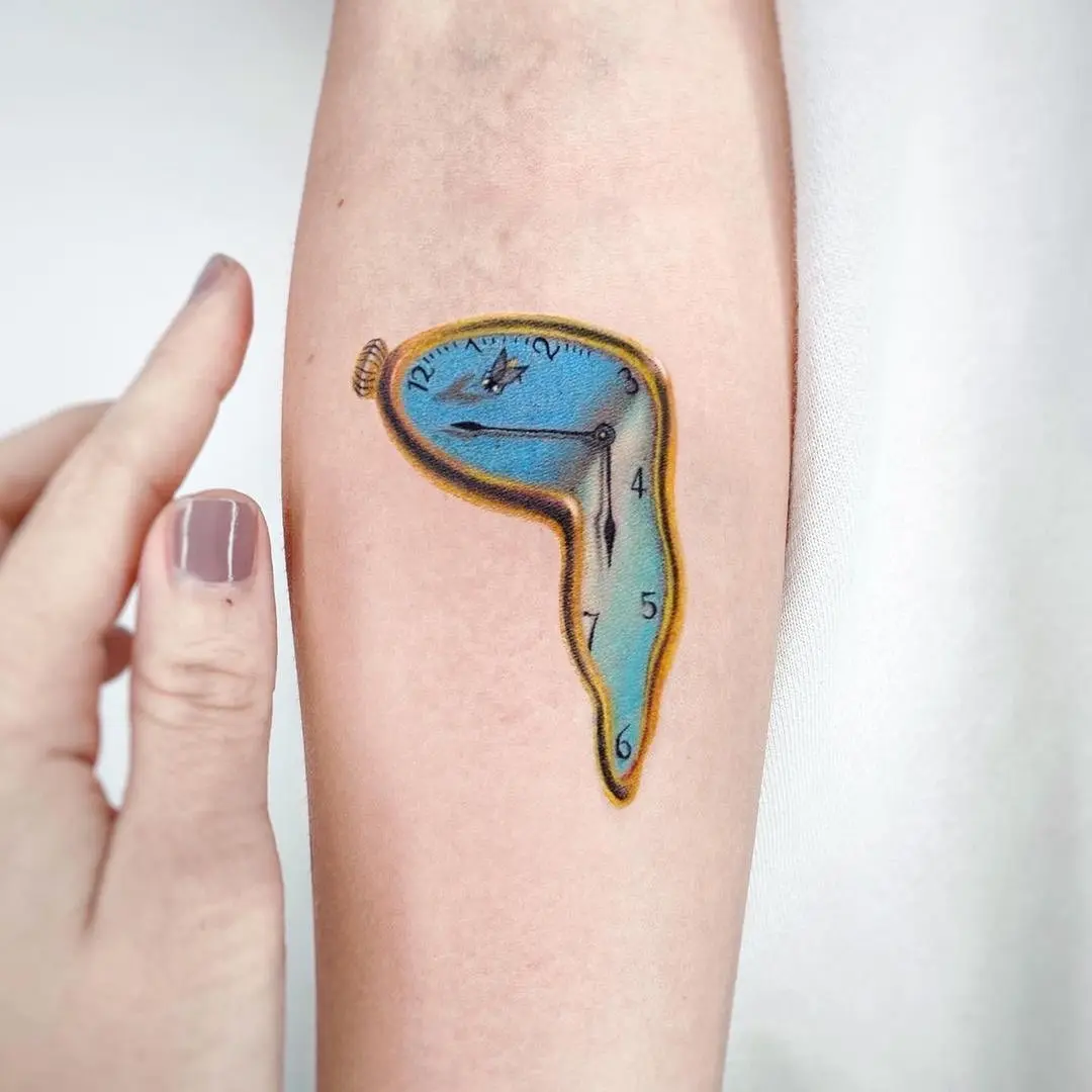 Surrealistic melting clock tattoo design