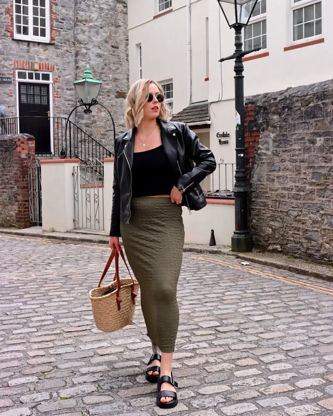 Chic Midi Skirt Look with Leather Jacket