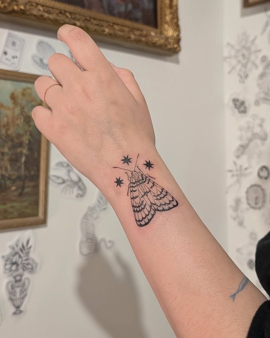 Intricate moth tattoo with starry accents