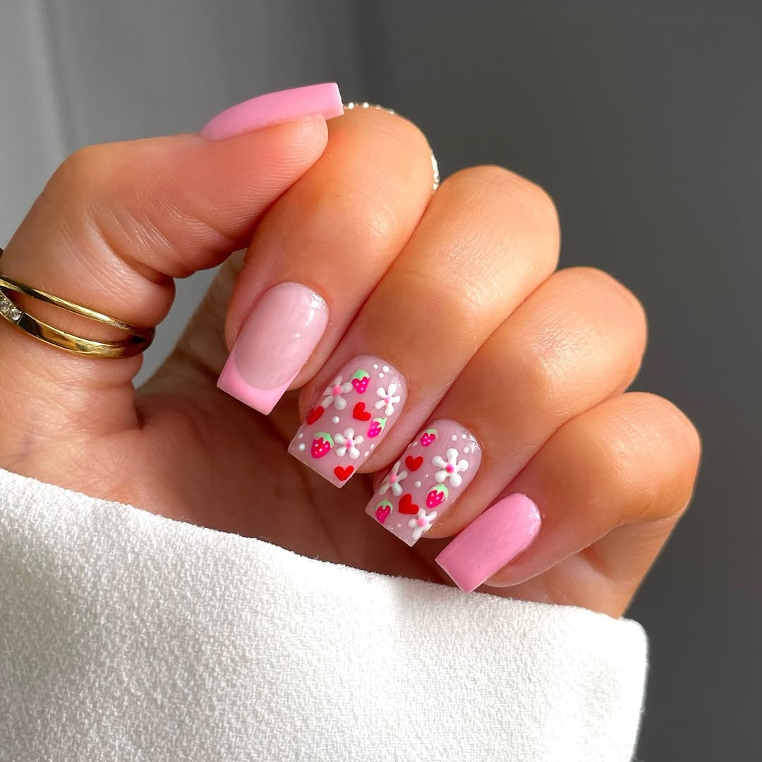 Charming pink nails with floral accents await