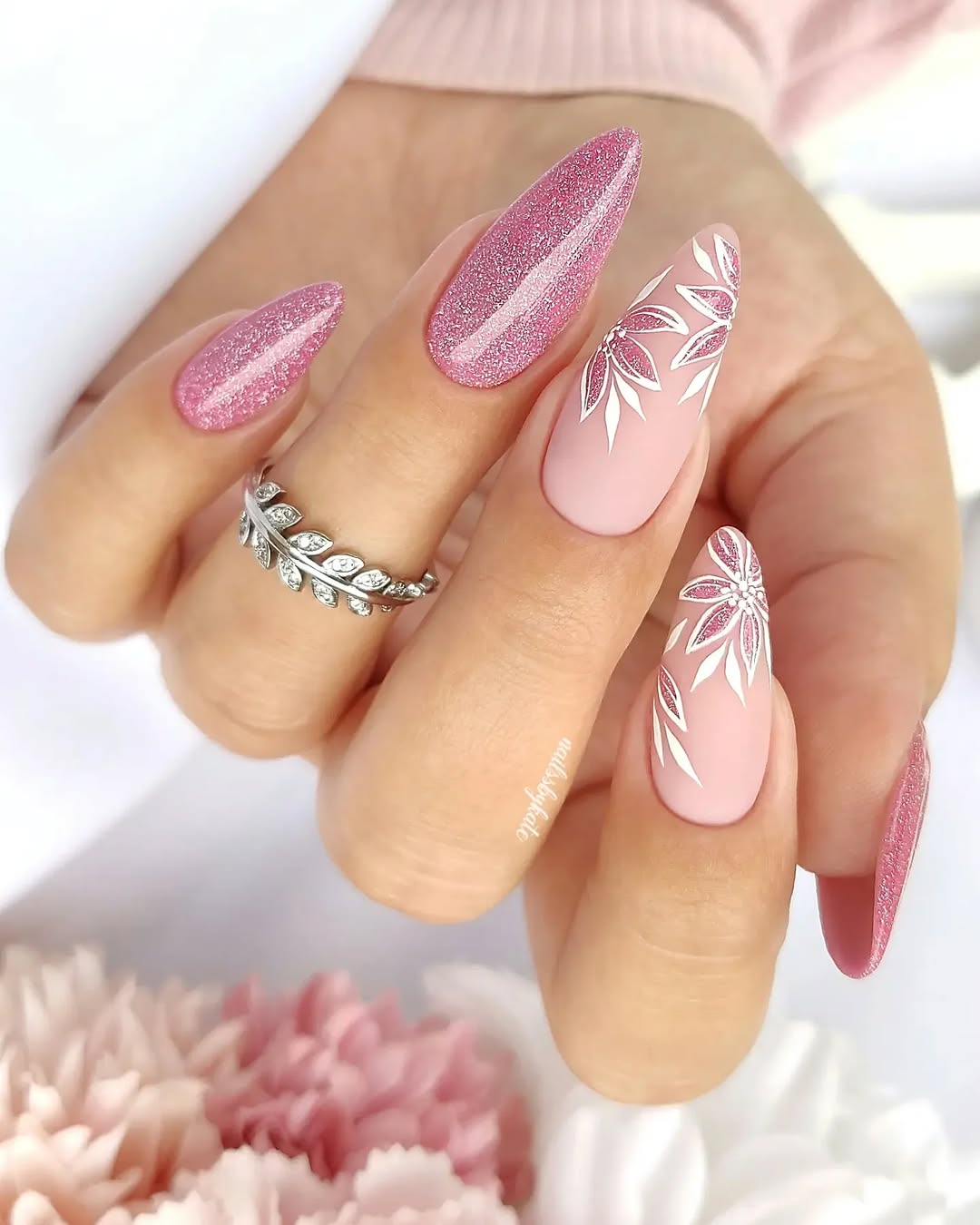 Stylish Pink Nails with Floral Accents