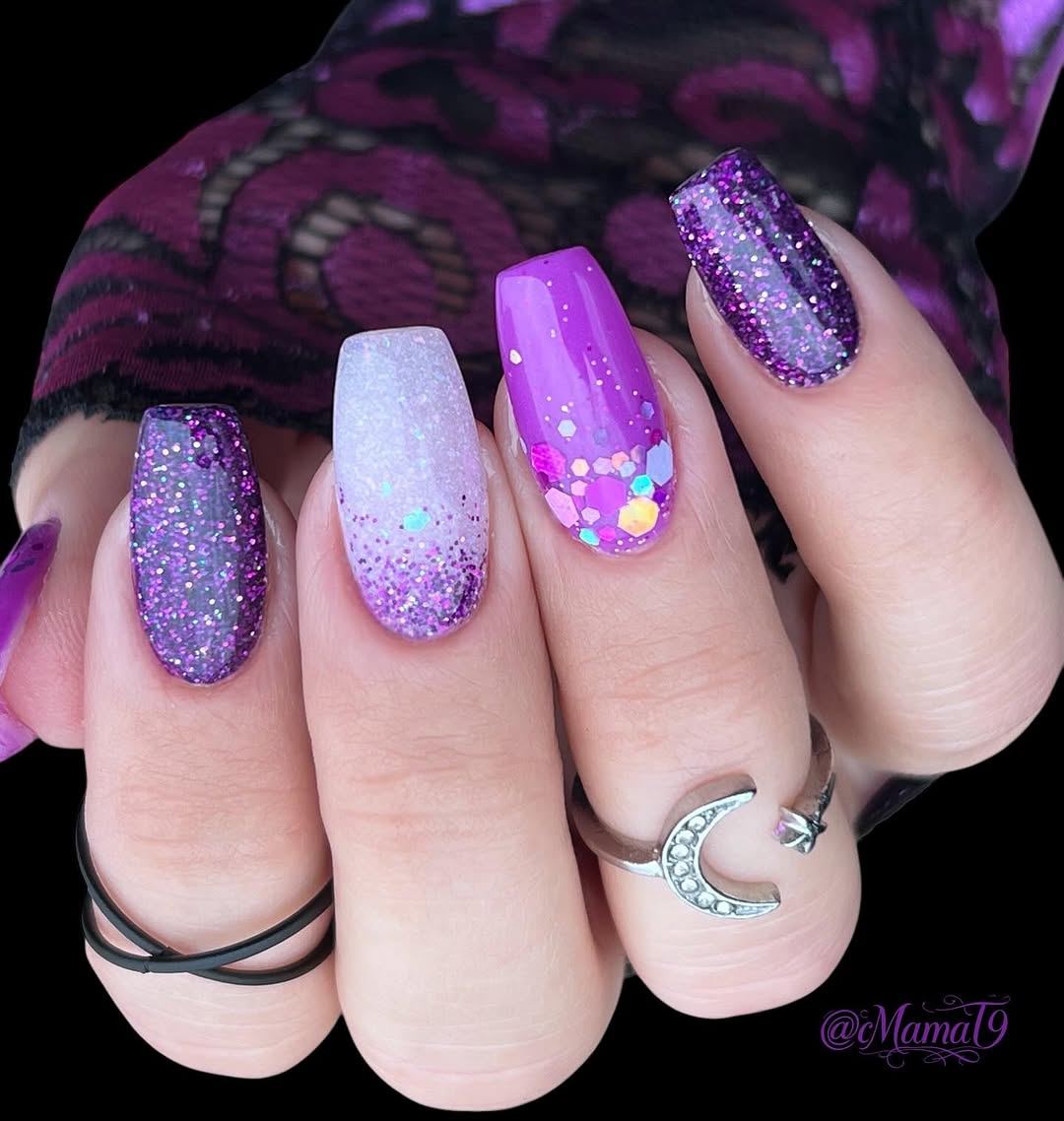 Stunning Purple Nails with Glittery Accents