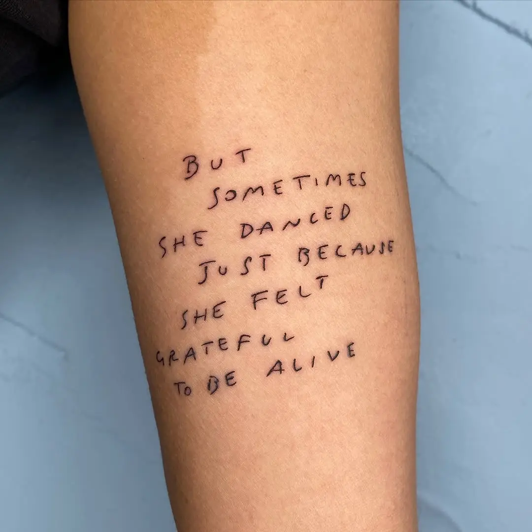 Inspirational quote tattoo about freedom and gratitude