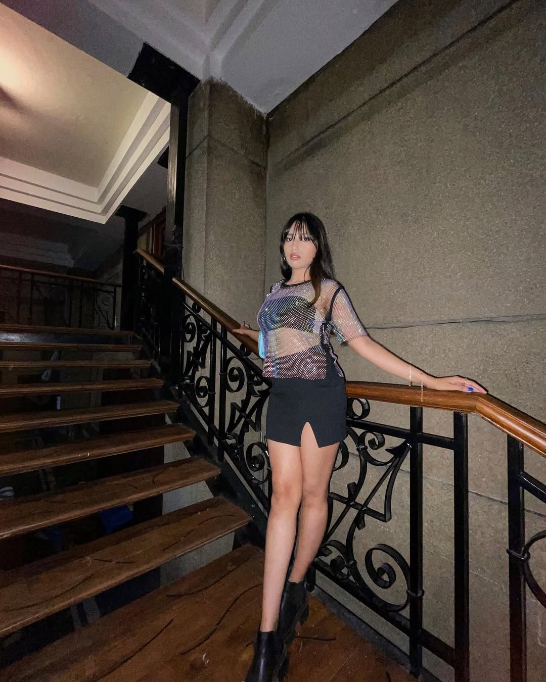 Stylish mesh and black skirt disco ensemble